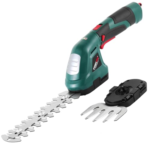 POSENPRO Akku-Grasschere 7,2V, Grasschere und Strauchschere Elektrisch mit 2 Messern 1.500mAh Akku und 180° drehbarer Griff, 2 in 1 Heckenschere Grasschneider, Schnittbreite 10cm, Schnittlänge 20cm von POSENPRO