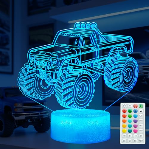 POSSHE Monster-Truck-Nachtlicht, Monster-Truck-Geschenke, 3D-Illusionslampe mit 16 Farbwechseln, Fernbedienung mit Timer und Dimmer, Kinderzimmer-Dekoration für Feiertage, Geburtstag und Weihnachten von POSSHE