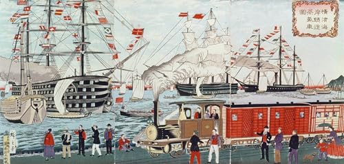 POSTERIIk Berühmt Moderne Leinwanddrucke Straße Graffiti Bilder Commodore Perrys Geschenk einer Eisenbahn an die Japaner in von Utagawa Hiroshige Drucken Ölgemälde für Wohnzimmerdekoration 60x90cm von POSTERIIk