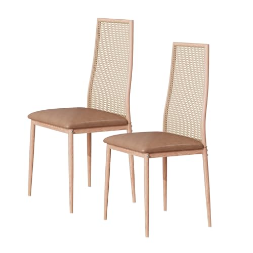 POTRUWE 2er Set Rattan Esszimmerstühle Rattan Rückenlehne Esszimmerstühle Polsterstühle Schwingstühle mit Metallgestell Kunstleder Empfangsstühle Küchenstühle (Holzfarbe) von POTRUWE