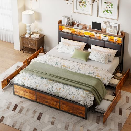 POTRUWE Double Bed 140 x 200 cm,Metal Bed with LED，4Drawers，Storage Headboard and Metal Slatted Frame, Functional Bed,Industrial Bed Frame，Robust and Stable von POTRUWE