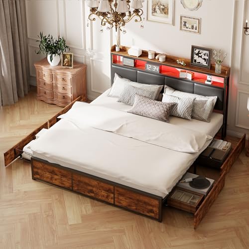 POTRUWE Double Bed 160 x 200 cm,Metal Bed with LED，4Drawers，Storage Headboard and Metal Slatted Frame, Functional Bed,Industrial Bed Frame，Robust and Stable von POTRUWE