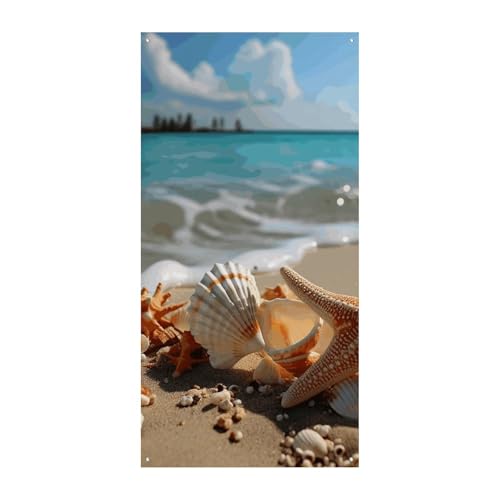 POTSCBVW Muscheln Seestern am Strand Türabdeckung für Haustür, 70 x 35 Zoll Polyester Banner Dekorationen Willkommen Veranda Schild Hängendes Banner Schild für Partys, Heimdekoration, festliche Feiern von POTSCBVW