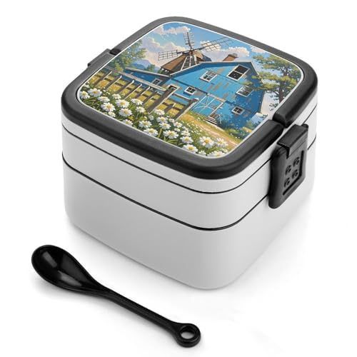 POTSCBVW Rural Blue Valley Warehouse Lunchbox für Erwachsene, Doppelschicht Stapelbare Bento Box mit Löffel, Trennwand & Griff, Auslaufsichere Lunchbehälter für Büro, Picknick, Camping von POTSCBVW
