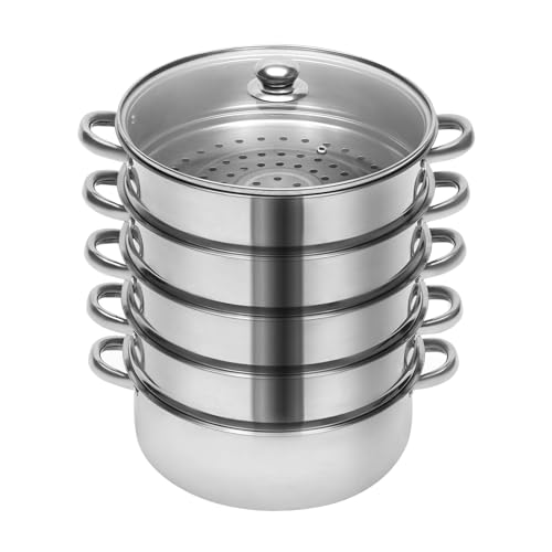 POTYYH 5 Lagiger Dampfgarer Topf, 26cm Dampftopf Dampfkocher Steamer Pot mit Glasdeckel Doppelgriff zum Kochen, für Induktionsherde Elektrische Keramikherde Elektroöfen oder Gasherde von POTYYH