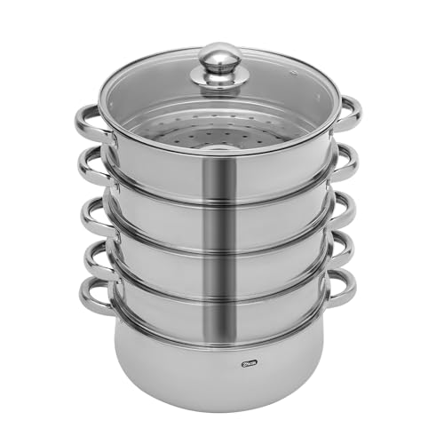 POTYYH 5 Lagiger Dampfgarer Topf, 28cm Dampftopf Dampfkocher Steamer Pot mit Glasdeckel Doppelgriff zum Kochen, für Nduktionsherde Elektrische Keramikherde Elektroöfen oder Gasherde von POTYYH