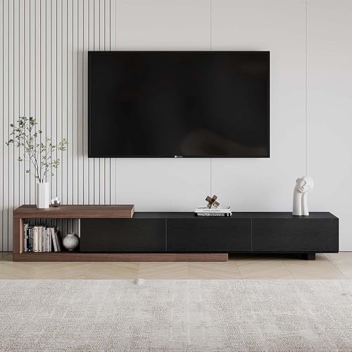 POVISON Ausziehbares TV Lowboard,moderner TV Schrank mit 3 Schubladen,offenen Regalen, Dunkles Holz und Schwarz,180 cm von POVISON