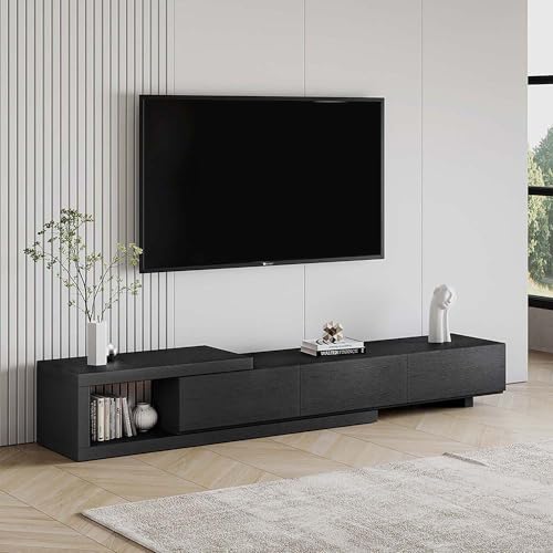 POVISON Ausziehbares TV Lowboard,moderner TV Schrank mit 3 Schubladen,offenen Regalen, Eiche und Schwarz,180 cm von POVISON