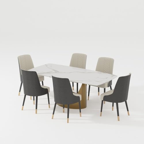 POVISON Essgruppen modern mit 6 Stühlen,esstisch stühle 6 Set,Esszimmertisch 200cm,esstisch weiß aus Sinterstein, weiß Esszimmerstühle aus PU Leder für 6 Personen(Tisch + 6 Stühle) von POVISON