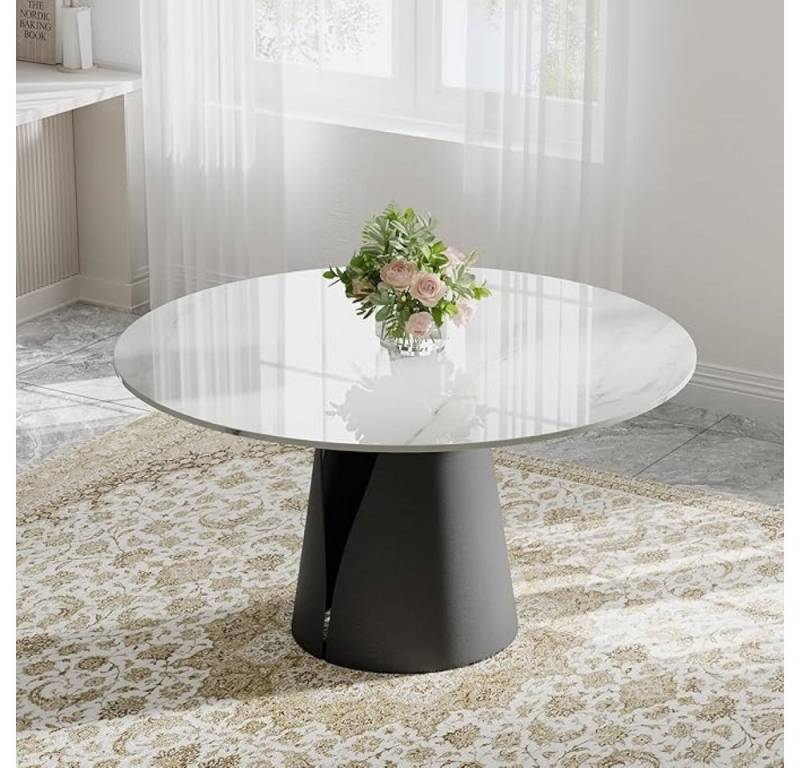 POVISON Esstisch Weiße Hochglanz-Sintersteinplatte mit schwarzem Karbonstahl-Fuß (1-St), Küchentisch, Esszimmertisch für 4-6 Personen, 150x150x75cm von POVISON