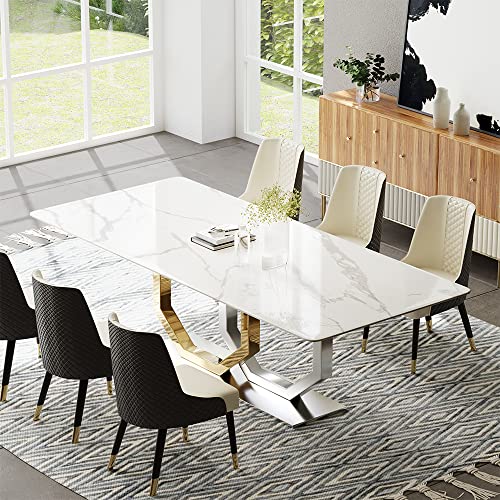 POVISON Esstisch modern weiß, Küchentisch aus Faux Kunstmarmor, Esstisch 180cm für 6 Personen,einfache Installation(ohne Stühle) von POVISON