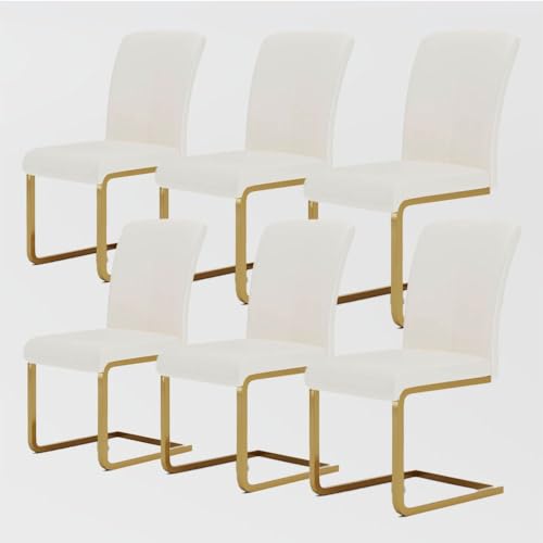 POVISON Moderne Luxus-Esszimmerstühle, gepolstert mit weißem Leder, Beine aus Gold, 6er-Set, Zusammenbau erforderlich von POVISON