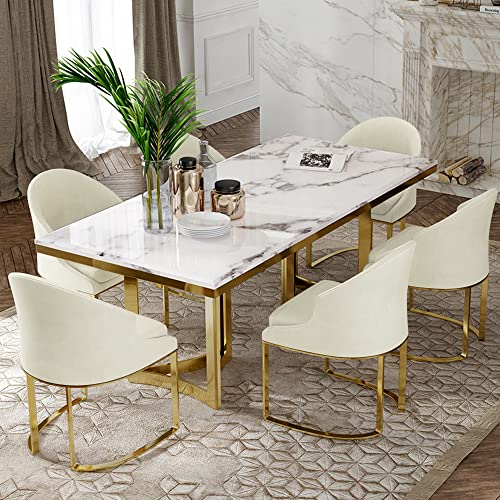 POVISON Moderner Esstisch mit 6 Stühlen,aus Kunstmarmor Bura 180cm, Rechteckige Tischplatte Weiß, Beige PU Leder Stuhl,für 6 Personen(Tisch + 6 Stühle) von POVISON