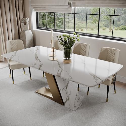 POVISON Moderner Mattweißer Esstisch,mit rechteckiger Tischplatte aus gesintertem Stein, Z-förmiges Untergestell aus Edelstahl, weiße und Golden Beine,200cm für 8,einfache Installation (ohne Stühle) POVISON Moderner Mattweißer Esstisch,mit rechteckiger Tischplatte aus gesintertem Stein, Z-förmiges Untergestell aus Edelstahl, weiße und Golden Beine,200cm für 8,einfache Installation (ohne Stühle) von POVISON