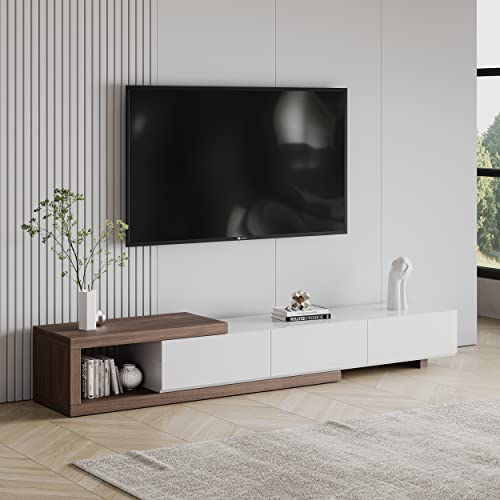 POVISON Moderner ausziehbarer TV-Ständer, TV-Schrank 180cm,fernsehtisch Weiss,mit 3 Schubladen,offener Lagerung,Nussbaum und Weiß von POVISON