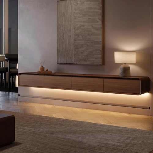 POVISON TV Schrank schwebend 240cm modern mit LED aus Massivholz mit 4 Schubladen, TV Lowboard hängend mit Kabelmanagement, Komplettmöbel mit Stauraum für Wohnzimmer von POVISON