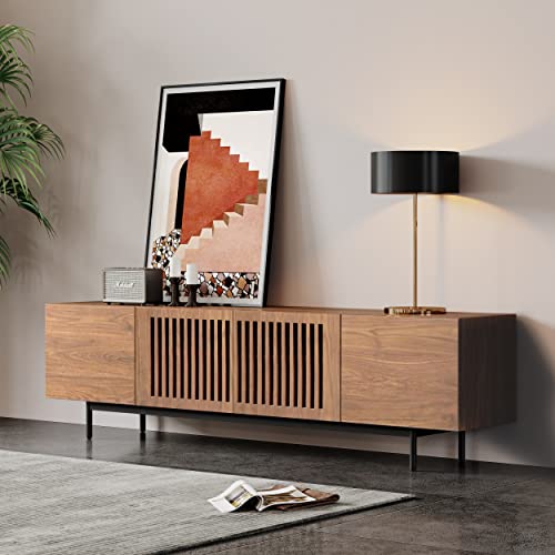 POVISON TV Schrank Modernes tv möbel,lowboard,tv Schrank,tv Schrank Holz,Sideboard 200cm lang,wohnzimmermöbel, Minimalistische Media-Lamellenkonsole mit Gussmetallbeinen, Walnuss,komplett montiert. von POVISON