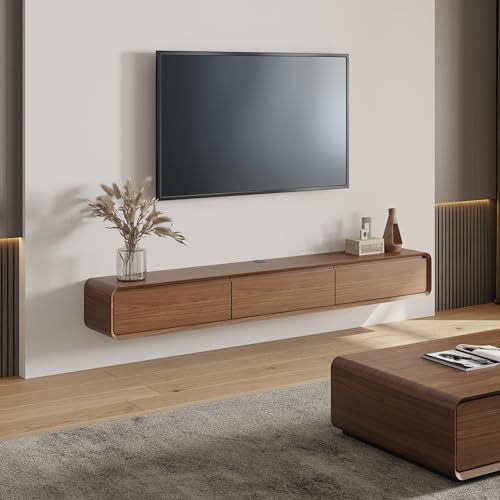 POVISON TV Schrank schwebend 200cm modern Eichenoptik aus Massivholz mit 3 Schubladen, TV Lowboard hängend mit Kabelmanagement hochwertig, Komplettmöbel mit Stauraum für Wohnzimmer von POVISON