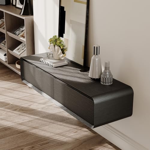 POVISON TV Schrank schwebend 120cm schwarz modern Eichenoptik aus Massivholz mit 2 Schubladen, TV Lowboard hängend mit Kabelmanagement hochwertig, Komplettmöbel mit Stauraum für Wohnzimmer von POVISON