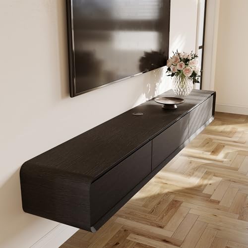 POVISON TV Schrank schwebend 200cm schwarz modern Eichenoptik aus Massivholz mit 3 Schubladen, TV Lowboard hängend mit Kabelmanagement hochwertig, Komplettmöbel mit Stauraum für Wohnzimmer von POVISON
