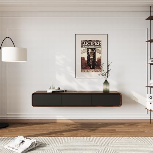 POVISON TV Schrank hängend schwarz, tv lowboard hängend für Wohnzimmer,TV Lowboard 160cm modern schwebendes an der Wand mit 3 Schubladen,Massivholz,Eiche, komplett montiert von POVISON