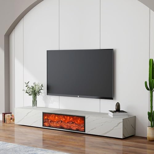 POVISON moderner TV Schrank, Fernsehschrank aus glänzender Sinterstein, mit 3D-Kamin,2 Schubladen,Weiß,240 cm von POVISON