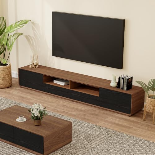 POVISON moderner TV-Schrank 200cm, Fernsehtisch aus Holz,lowline Medienkonsole mit 4 Schubladen,offener Stauschrank, Walnussfurnier,schwarz,komplett montiert von POVISON