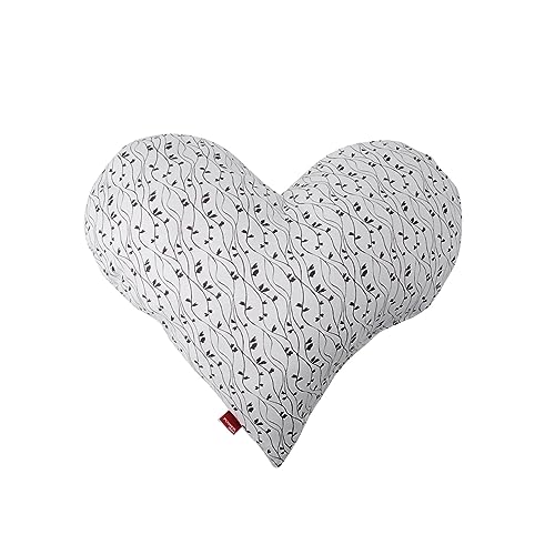 POWER INN Herzkissen groß ca. 50x43cm | Geschenk zur Hochzeit, Muttertag oder Valentinstag | Dekokissen und Kuschelkissen in Herzform | Stoff 100% Baumwolle | (Weiß mit schwarzen Blätterranken) von POWER INN