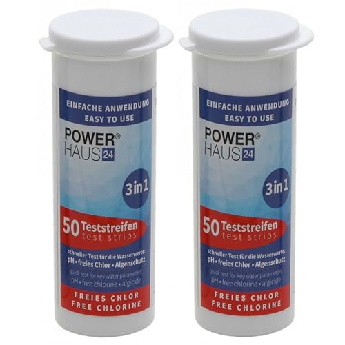 100 Teststäbchen 3 in 1 Teststreifen 2er Pack Teststrips für Chlor, pH Wert und Algenschutz, für Pool und Whirlpool, 2 x 50 Stück von POWERHAUS24