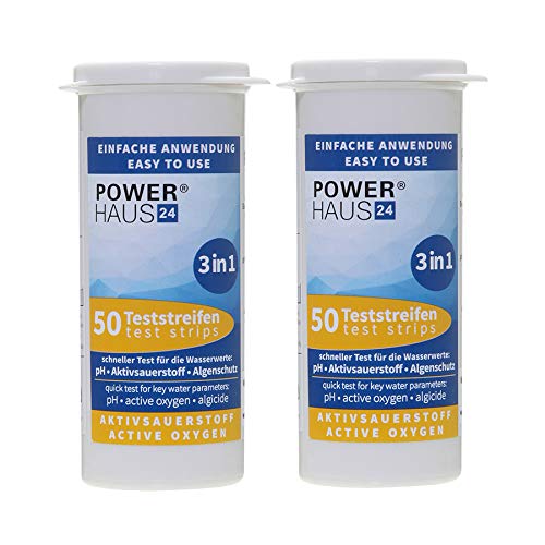 POWERHAUS24 100 Teststäbchen 3 in 1 Teststreifen 2er Pack Teststrips für Aktivsauerstoff, pH Wert und Algenschutz, für Pool und Whirlpool, 2 x 50 Stück von POWERHAUS24