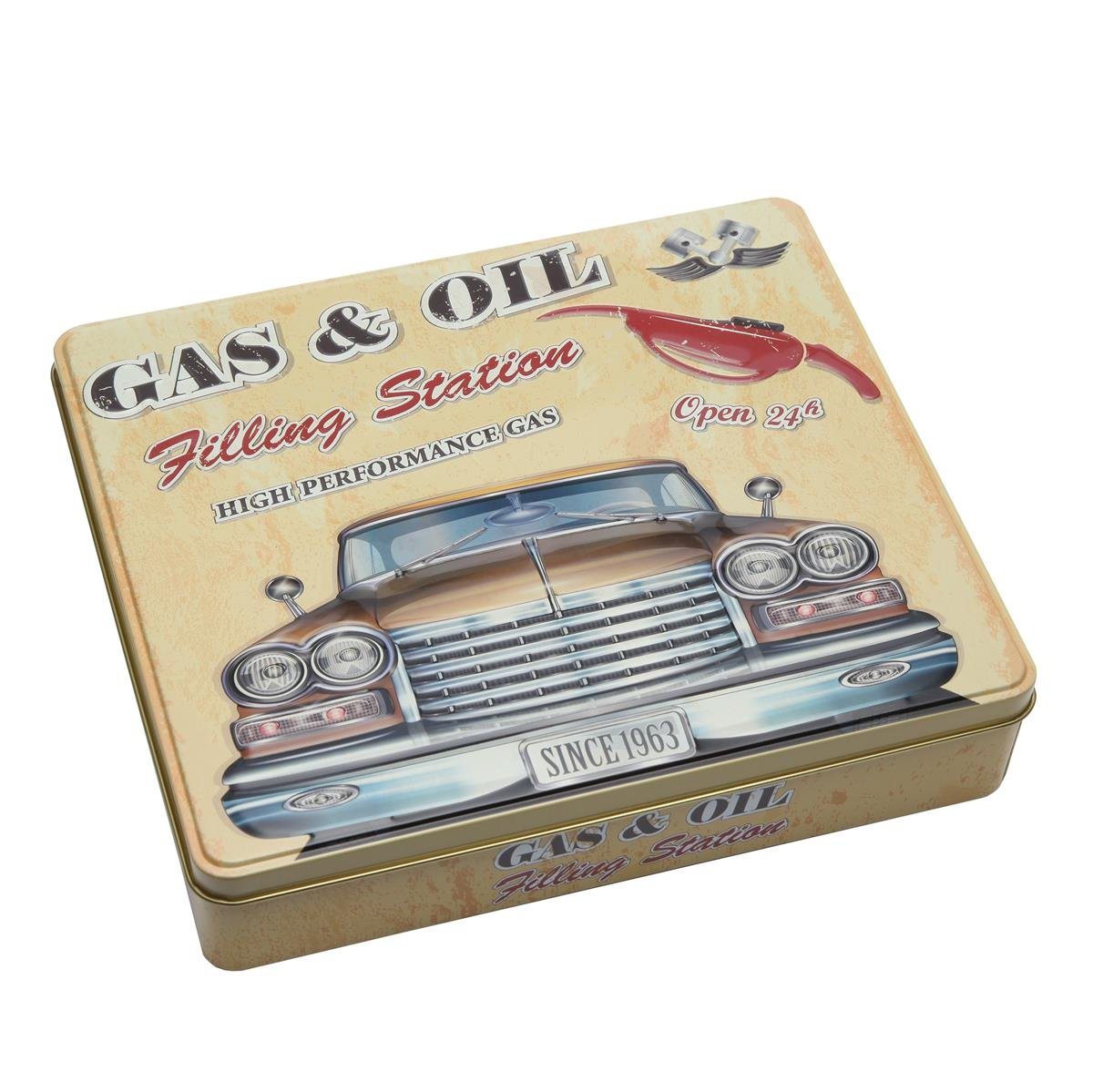 POWERHAUS24 Keksdose Blechdose Oldtimer Gas & Oil 22 x 23 cm, Blech, (Spar-Set) von POWERHAUS24