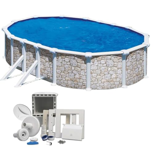 Summer Fun Premium Ovalpool-Set Steinoptik 5,00 x 3,00 x 1,20 m, frei aufstellbar, feuerverzinkte und schutzlackierte Stahlwand, UV-stabilisierte Innenhülle, Einbauskimmer-Set mit Einlaufdüse von POWERHAUS24