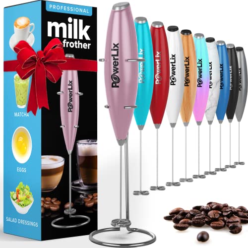 PowerLix Milchaufschäumer Stab, Milchschäumer Elektrisch - mit Edelstahlständer 15-20s, 19000 U/min, Batteriebetriebener Milk Frother für Kaffee, Latte, Cappuccino, Heiß & Kalte Schokolade, Hellrosa von POWERLIX