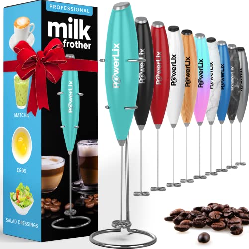 PowerLix Milchaufschäumer Stab, Milchschäumer Elektrisch - mit Edelstahlständer 15-20s, 19000 U/min, Batteriebetriebener Milk Frother für Kaffee, Latte, Cappuccino, Heiß & Kalte Schokolade, Aqua von POWERLIX