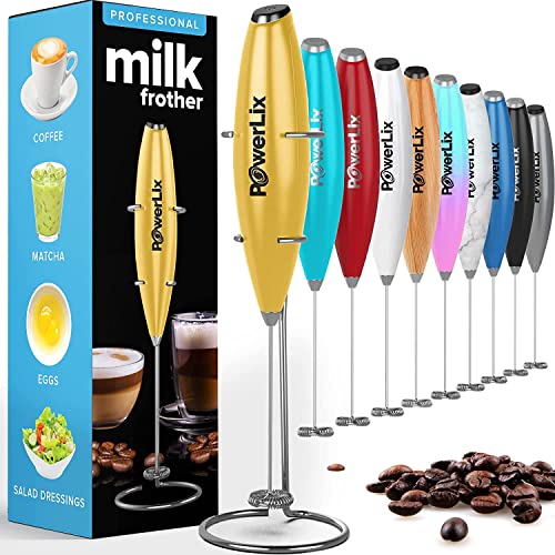 PowerLix Milchaufschäumer Stab, Milchschäumer Elektrisch - mit Edelstahlständer 15-20s, 19000 U/min, Batteriebetriebener Milk Frother für Kaffee, Latte, Cappuccino, Heiß & Kalte Schokolade, Gold von POWERLIX