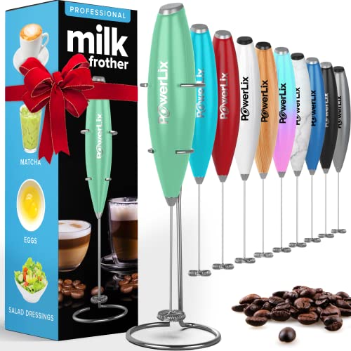 PowerLix Milchaufschäumer Stab, Milchschäumer Elektrisch - mit Edelstahlständer 15-20s, 19000 U/min, Batteriebetriebener Milk Frother für Kaffee, Latte, Cappuccino, Heiß & Kalte Schokolade, Grasgrün von POWERLIX