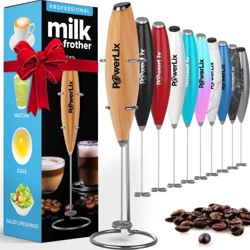 PowerLix Milchaufschäumer Stab, Milchschäumer Elektrisch - mit Edelstahlständer 15-20s, 19000 U/min, Batteriebetriebener Milk Frother für Kaffee, Latte, Cappuccino, Heiß & Kalte Schokolade, Hölzern von POWERLIX