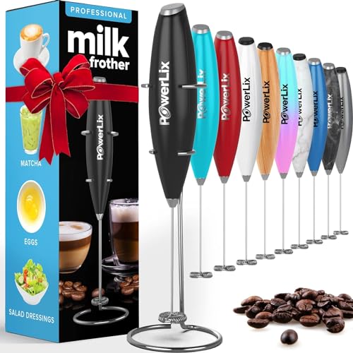 PowerLix Milchaufschäumer Stab, Milchschäumer Elektrisch - mit Edelstahlständer 15-20s, 19000 U/min, Batteriebetriebener Milk Frother für Kaffee, Latte, Cappuccino, Heiß & Kalte Schokolade, Schwarz von POWERLIX