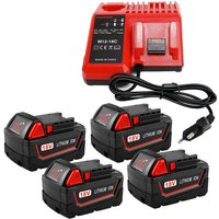 4X Akku mit 1X M12-18C Ladegerät für Milwaukee M18B5 18V 5.0Ah Ersatzakku Ersatz für Milwaukee 48-11-1890, 48-11-1860, 48-11-1852, 48-11-1850, von POWERWINGS