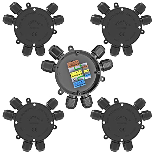 Abzweigdose Verteilerdose Außen Wasserdicht Erbindungsdose POWFUL Junction Box Drahtkern Ø0,6-2mm 32A Kabeldurchmesser Ø4mm-9mm 2-6Wege Großer Platz Schnelle Installation ohne Werkzeug (5 Pack) von POWFUL