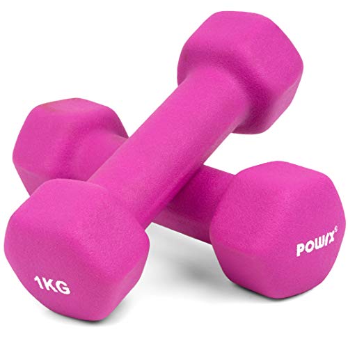 Sechskant Neopren Hanteln 2 x 1 kg (Paar) inkl. Workout I 0,5 – 10 kg I Gewichte für Gymnastik Kurzhanteln von POWRX