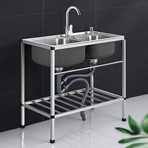 Küchenspüle Gewerbliche，2 Becken Mobiles Küche Spültisch mit Wasserhahn，mit Wasserhahn mit Kalt und Warmwasserschläuchen，Für Küche Restaurant Waschküche Garten (Size : 72x38x75cm) von POWRZ