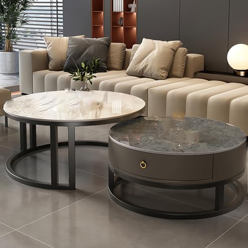 Couchtisch Rund 2er Set,Wohnzimmertisch,Beistelltisch,Wohnzimmertisch mit 1 Stauräume,Wohnzimmer Tisch für Couch,Weiß Marmor Couchtisch mit Schwarz Metallgestell,für Wohnzimmer/Büro(Gray white+black g von POWRZZZY