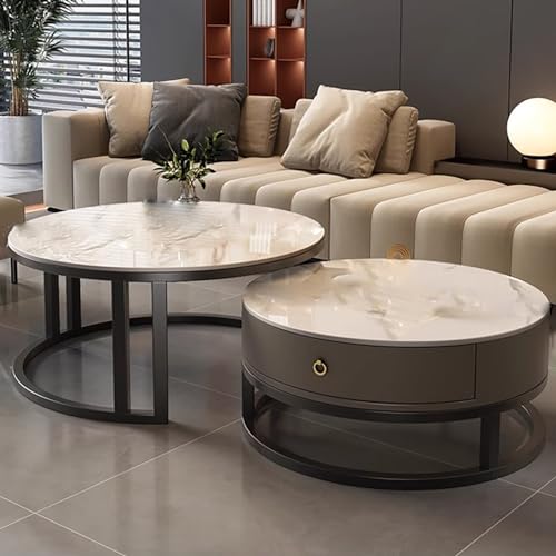 Couchtisch Rund 2er Set,Wohnzimmertisch,Beistelltisch,Wohnzimmertisch mit 1 Stauräume,Wohnzimmer Tisch für Couch,Weiß Marmor Couchtisch mit Schwarz Metallgestell,für Wohnzimmer/Büro(White+black gray,7 von POWRZZZY