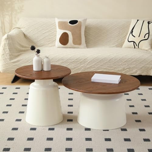POWRZZZY Runder Couchtisch Weiß 2er Set Wohnzimmertisch Beistelltisch Retro-Mitteltisch Akzentmöbel in Holzoptik fürs Wohnzimmer Homeoffice(Creamy White,70.1x70x37cm) von POWRZZZY