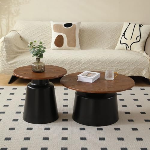 POWRZZZY Runder Couchtisch Weiß 2er Set Wohnzimmertisch Beistelltisch Retro-Mitteltisch Akzentmöbel in Holzoptik fürs Wohnzimmer Homeoffice(Deep Black,70.1x70x37cm) von POWRZZZY