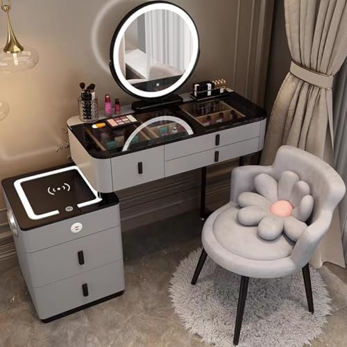 Schminktisch mit Spiegel,Schmink Tisch mit Stauraum,mit 3-farbig Verstellbarem Touch-Licht/Seitenschrank/Gepolstertem Hocker,Schminktisch für Schlafzimmerkommode,für Frauen und Mädchen(Black and gray, von POWRZZZY