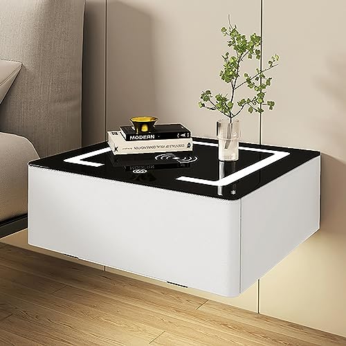 Schwebender Nachttisch mit Ladestation, moderner Beistelltisch, einfach zu montieren, gehärtetes Glas, Beistelltisch für Schlafzimmer, Wohnzimmer, Arbeitszimmer (Farbe: Glacie), Weiß von POWRZZZY