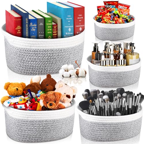 POWZOO 5er Set Aufbewahrungskorb,Korb Geflochten,Körbe Aufbewahrung Baumwollseil,Wickeltisch Organizer, Stapelbare Speicher Storage Basket,für Kinderzimmer Wohnzimmer Bad(Weiß und Grau) von POWZOO