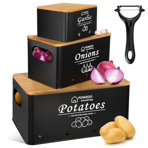 POWZOO Kartoffel Aufbewahrungsbox, Vorratsdose 4er Set, Küche Aufbewahrung für Kartoffeln, Zwiebeln & Knoblauch,mit 360° Belüftungssystem,hält Gemüse länger frisch-der ideale Weg (Schwarz-Set) von POWZOO
